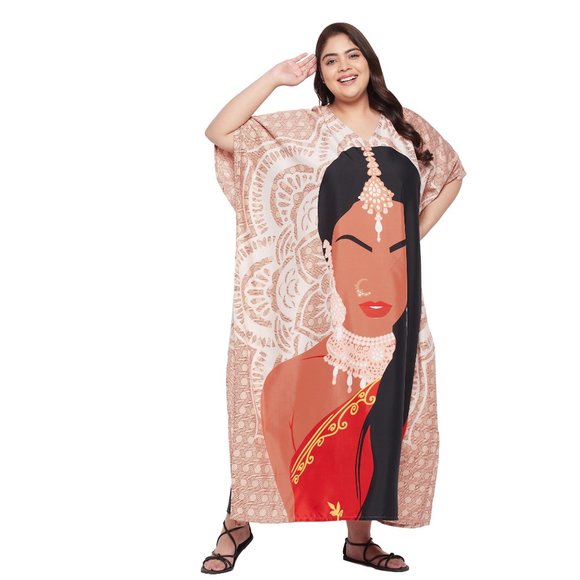 Women Plus Size Fit and Flare Tribal Printed Beige Kaftan Dress by Gypsie Blu - Picture 2 of 7